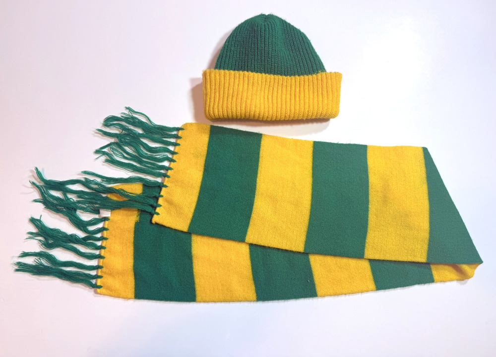 Vtg 1970s Green & Yellow Kids Knit Hat & Scarf w/ Fringe